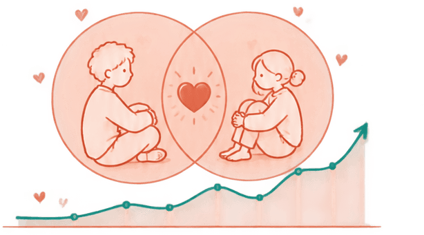 Line illustration of a couple in two overlapping circles with a heart between them