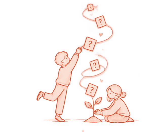 Line illustration of a couple reaching for an endless upward spiral of question cards