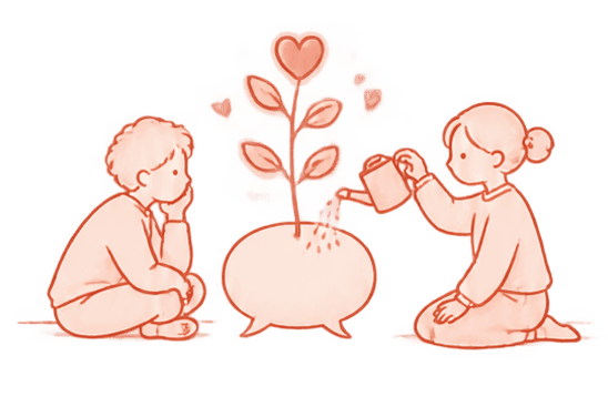 Line illustration of a couple tending a small plant growing from a speech bubble