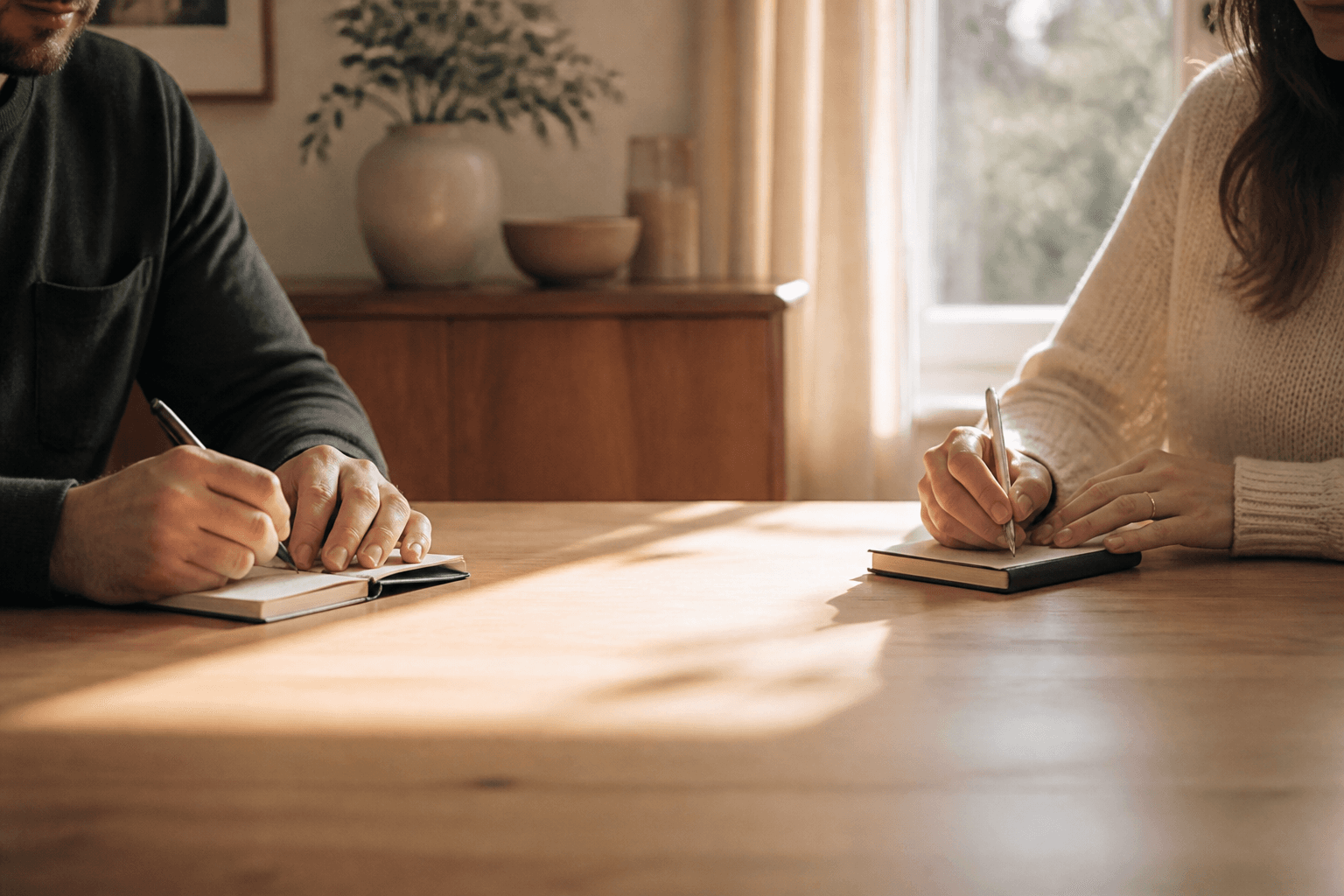 Two people writing separate notes at a sunlit table