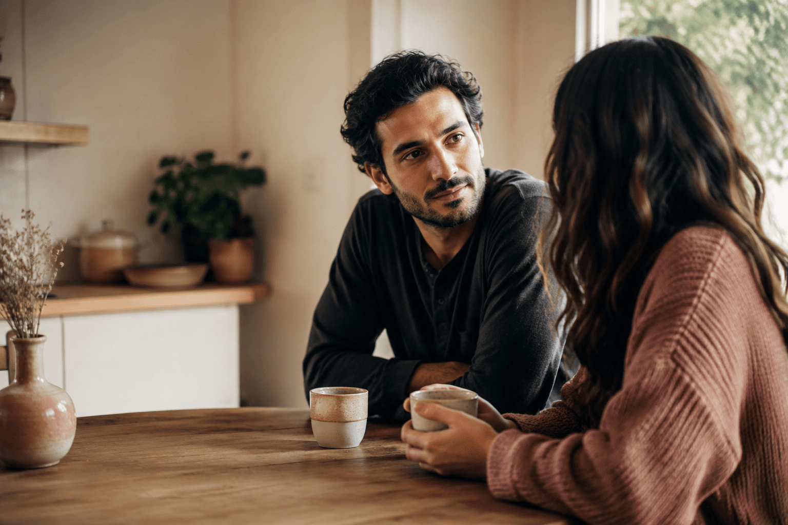 Two people sharing a quiet moment together at a kitchen table