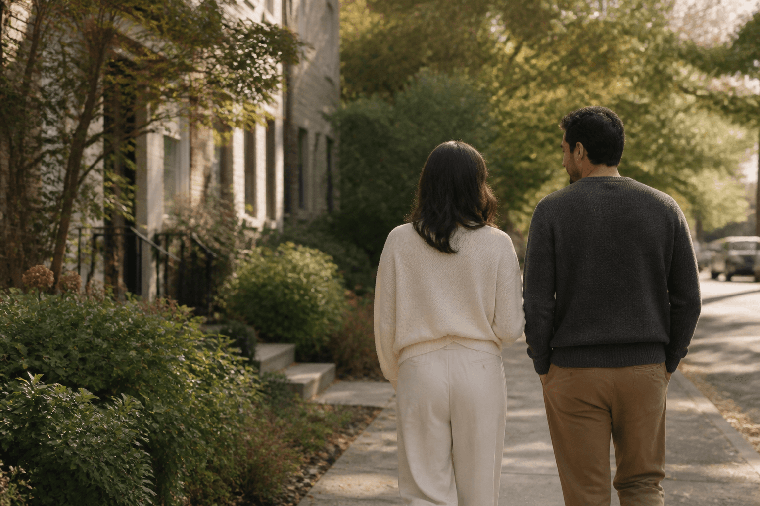 A couple walking together through a leafy neighborhood