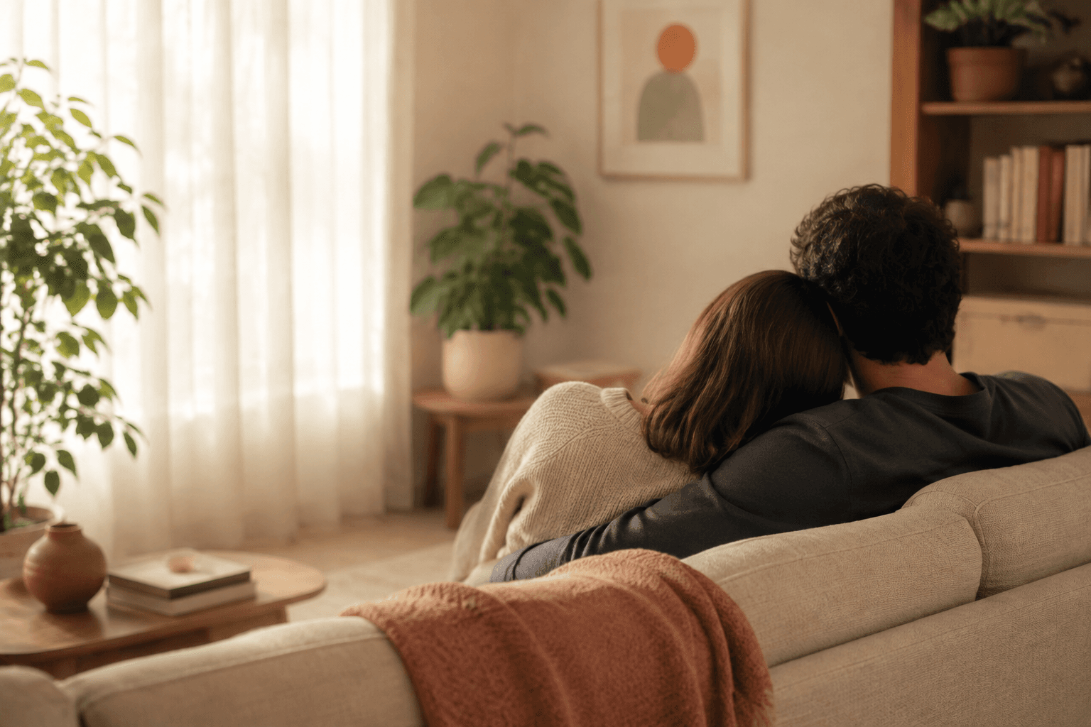 A couple sitting together on a sofa in soft morning light
