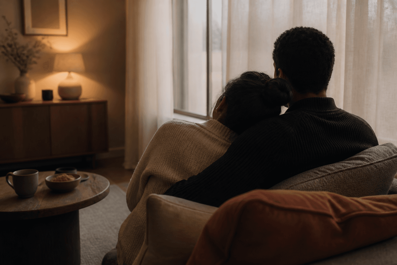 A couple sharing a private conversation at home