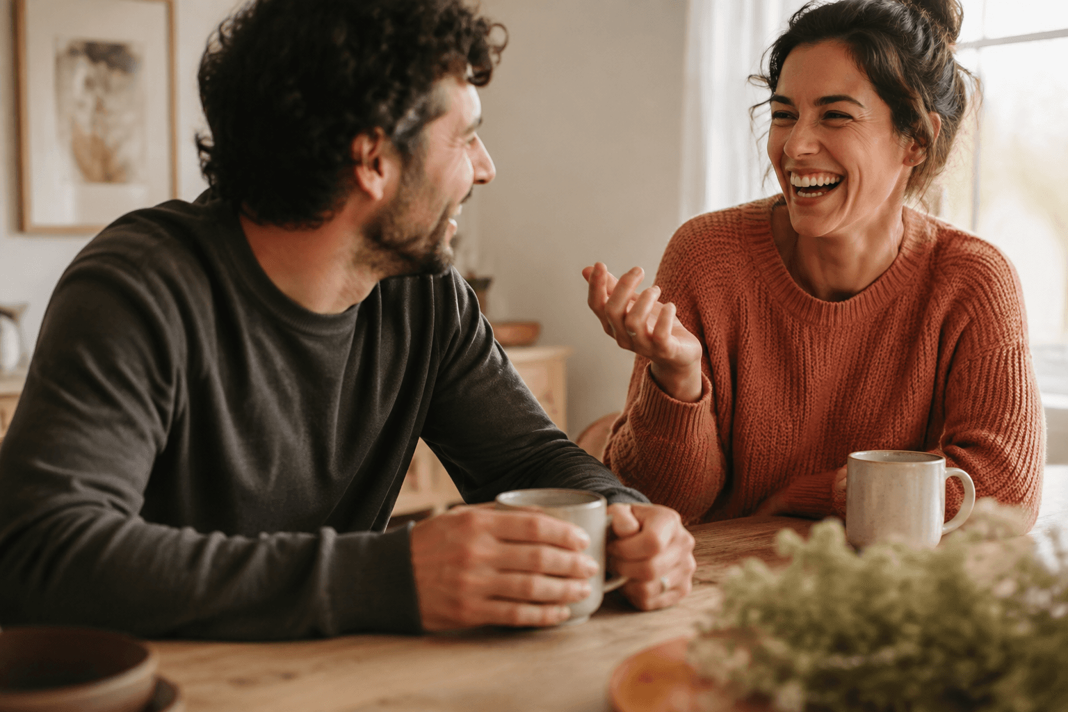 Two people smiling and talking together over coffee