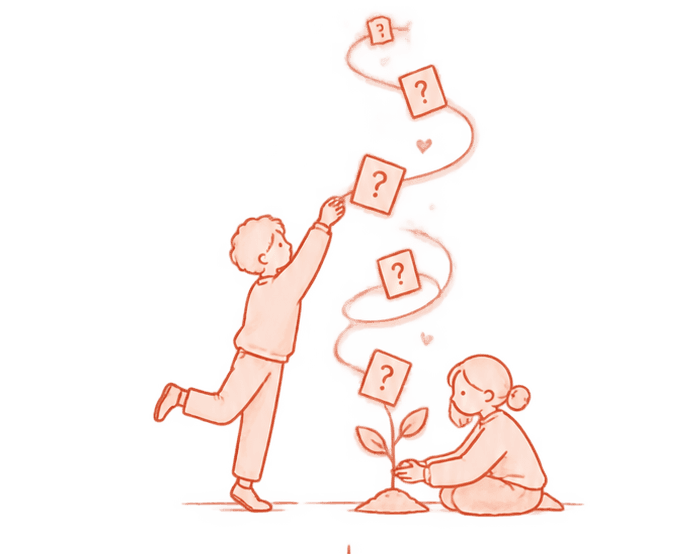 Line illustration of a couple reaching for an endless upward spiral of question cards