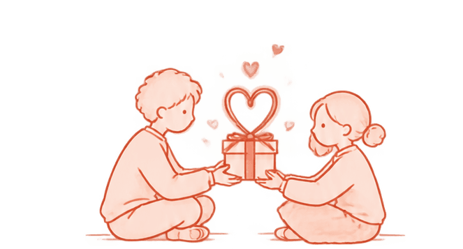 Line illustration of a couple passing a wrapped gift between them
